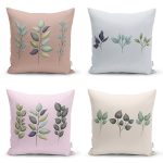 4'lü Renkli Zemin Yaprak Dalları Özel Tasarım Dijital Baskılı Modern Kırlent Kılıfı Seti Realhomes