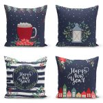 - Rh-K4luset757-Gorsel1 - Realhomes  4'lü Lacivert Renkli Happy New Year Temalı Dijital Baskılı Modern Kırlent Kılıfı Seti Realhomes