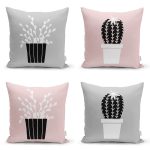 - Rh-K4luset759-Gorsel1 - Realhomes 4'lü Gri & Pembe Zeminli Saksılı Kaktüs Tasarımlı Dijital Baskılı Modern Kırlent Kılıfı Seti Realhomes