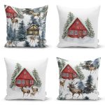 - Rh-K4luset761-Gorsel1 - Realhomes  4'lü Bağ Evi Özel Tasarım Kış Temalı Dijital Baskılı Modern Kırlent Kılıfı Seti Realhomes
