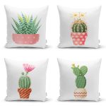 4'lü Sevimli Saksılı Kaktüs Tasarımlı Dijital Baskılı Modern Kırlent Kılıfı Seti Realhomes