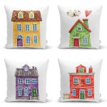 4'lü Renkli Evler Özel Tasarım Dijital Baskılı Modern Kırlent Kılıfı Seti Realhomes