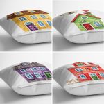 4'lü Renkli Evler Özel Tasarım Dijital Baskılı Modern Kırlent Kılıfı Seti Realhomes