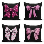 - Rh-K4luset776-Gorsel1 - Realhomes  4'lü Siyah Zemin Pembe Kurdele Tasarımlı Dijital Baskılı Modern Kırlent Kılıfı Seti Realhomes