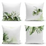 4'lü Beyaz Zemin Yeşil Tropik Yaprak Motifli Dijital Baskılı Modern Kırlent Kılıfı Seti Realhomes