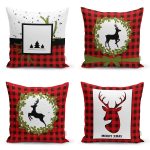 4'lü Kırmızı Ekose Mery Christmas Özel Tasarımlı Dijital Baskılı Modern Kırlent Kılıfı Seti Realhomes
