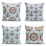 4'lü Mavi Zemin Dümen & Çapa Motifli Dijital Baskılı Modern Kırlent Kılıfı Seti Realhomes