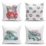 - Rh-K4luset816-Gorsel1 - Realhomes  4'lü Çam Ağaçlı Araba Desenli Dijital Baskılı Modern Kırlent Kılıfı Seti Realhomes