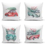 4'lü Çam Ağaçlı Araba Desenli Dijital Baskılı Modern Kırlent Kılıfı Seti Realhomes