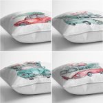 4'lü Çam Ağaçlı Araba Desenli Dijital Baskılı Modern Kırlent Kılıfı Seti Realhomes