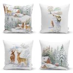 - Rh-K4luset855-Gorsel1 - Realhomes  4'lü Geyikli Bağ Evi Kış Temalı Dijital Baskılı Modern Kırlent Kılıfı Seti Realhomes