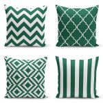 - Rh-K4luset861-Gorsel1 - Realhomes  4'lü Koyu Yeşil Geometrik Çizimler Özel Tasarım Dijital Baskılı Modern Kırlent Kılıfı Seti Realhomes