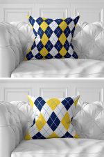 - Rh-K7liset480-Gorsel2 - Realhomes 7'li Sarı & Lacivert Geometrik Çizimli Dijital Baskılı Kırlent Kılıfı Seti Realhomes