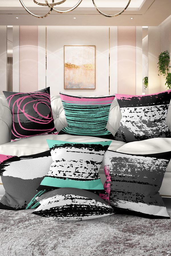 - Rh-K7liset486-Gorsel1 - Realhomes  7'li Renkli Çizgili Puan Tasarımlı Dijital Baskılı Kırlent Kılıfı Seti Realhomes