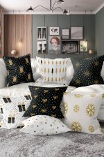 7'li Christmas Temalı Gold Detaylı Dijital Baskılı Kırlent Kılıfı Seti Realhomes