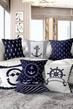 7'li Lacivert & Beyaz Denizci Tasarımlı Dijital Baskılı Kırlent Kılıfı Seti Realhomes