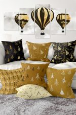 7'li Gold Renkli Çam Ağacı Tasarımlı Dijital Baskılı Kırlent Kılıfı Seti Realhomes