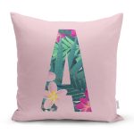 Pembe Zemin Tropik Yapraklı A Harfi Özel Tasarım Dijital Baskılı Yastık Kırlent Kılıfı Realhomes
