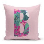 - Rh-K9415-Gorsel1 - Realhomes Pembe Zemin Tropik Yapraklı B Harfi Özel Tasarım Dijital Baskılı Yastık Kırlent Kılıfı Realhomes