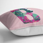 - Rh-K9415-Gorsel3 - Realhomes Pembe Zemin Tropik Yapraklı B Harfi Özel Tasarım Dijital Baskılı Yastık Kırlent Kılıfı Realhomes