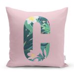 Pembe Zemin Tropik Yapraklı C Harfi Özel Tasarım Dijital Baskılı Yastık Kırlent Kılıfı Realhomes