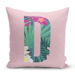 Pembe Zemin Tropik Yapraklı D Harfi Özel Tasarım Dijital Baskılı Yastık Kırlent Kılıfı Realhomes