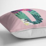 Pembe Zemin Tropik Yapraklı D Harfi Özel Tasarım Dijital Baskılı Yastık Kırlent Kılıfı Realhomes