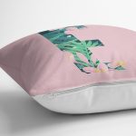 - Rh-K9418-Gorsel3 - Realhomes Pembe Zemin Tropik Yapraklı E Harfi Özel Tasarım Dijital Baskılı Yastık Kırlent Kılıfı Realhomes