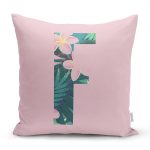 Pembe Zemin Tropik Yapraklı F Harfi Özel Tasarım Dijital Baskılı Yastık Kırlent Kılıfı Realhomes