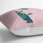 Pembe Zemin Tropik Yapraklı F Harfi Özel Tasarım Dijital Baskılı Yastık Kırlent Kılıfı Realhomes