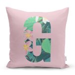 Pembe Zemin Tropik Yapraklı G Harfi Özel Tasarım Dijital Baskılı Yastık Kırlent Kılıfı Realhomes