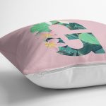 Pembe Zemin Tropik Yapraklı G Harfi Özel Tasarım Dijital Baskılı Yastık Kırlent Kılıfı Realhomes