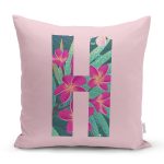 Pembe Zemin Tropik Yapraklı H Harfi Özel Tasarım Dijital Baskılı Yastık Kırlent Kılıfı Realhomes