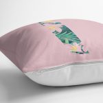 Pembe Zemin Tropik Yapraklı İ Harfi Özel Tasarım Dijital Baskılı Yastık Kırlent Kılıfı Realhomes