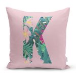 Pembe Zemin Tropik Yapraklı K Harfi Özel Tasarım Dijital Baskılı Yastık Kırlent Kılıfı Realhomes