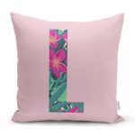 Pembe Zemin Tropik Yapraklı L Harfi Özel Tasarım Dijital Baskılı Yastık Kırlent Kılıfı Realhomes