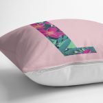 Pembe Zemin Tropik Yapraklı L Harfi Özel Tasarım Dijital Baskılı Yastık Kırlent Kılıfı Realhomes