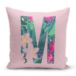 Pembe Zemin Tropik Yapraklı M Harfi Özel Tasarım Dijital Baskılı Yastık Kırlent Kılıfı Realhomes