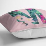 Pembe Zemin Tropik Yapraklı M Harfi Özel Tasarım Dijital Baskılı Yastık Kırlent Kılıfı Realhomes