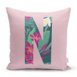 - Rh-K9428-Gorsel1 - Realhomes Pembe Zemin Tropik Yapraklı N Harfi Özel Tasarım Dijital Baskılı Yastık Kırlent Kılıfı Realhomes