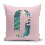 Pembe Zemin Tropik Yapraklı O Harfi Özel Tasarım Dijital Baskılı Yastık Kırlent Kılıfı Realhomes