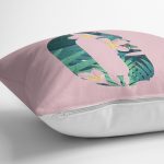 Pembe Zemin Tropik Yapraklı O Harfi Özel Tasarım Dijital Baskılı Yastık Kırlent Kılıfı Realhomes