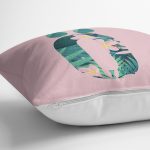 Pembe Zemin Tropik Yapraklı Ö Harfi Özel Tasarım Dijital Baskılı Yastık Kırlent Kılıfı Realhomes