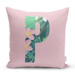 Pembe Zemin Tropik Yapraklı P Harfi Özel Tasarım Dijital Baskılı Yastık Kırlent Kılıfı Realhomes