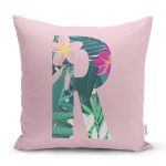 Pembe Zemin Tropik Yapraklı R Harfi Özel Tasarım Dijital Baskılı Yastık Kırlent Kılıfı Realhomes