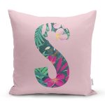 - Rh-K9433-Gorsel1 - Realhomes Pembe Zemin Tropik Yapraklı S Harfi Özel Tasarım Dijital Baskılı Yastık Kırlent Kılıfı Realhomes