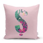 Pembe Zemin Tropik Yapraklı Ş Harfi Özel Tasarım Dijital Baskılı Yastık Kırlent Kılıfı Realhomes
