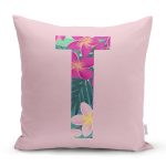 - Rh-K9435-Gorsel1 - Realhomes Pembe Zemin Tropik Yapraklı T Harfi Özel Tasarım Dijital Baskılı Yastık Kırlent Kılıfı Realhomes