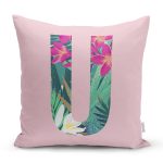 Pembe Zemin Tropik Yapraklı U Harfi Özel Tasarım Dijital Baskılı Yastık Kırlent Kılıfı Realhomes