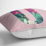 Pembe Zemin Tropik Yapraklı U Harfi Özel Tasarım Dijital Baskılı Yastık Kırlent Kılıfı Realhomes